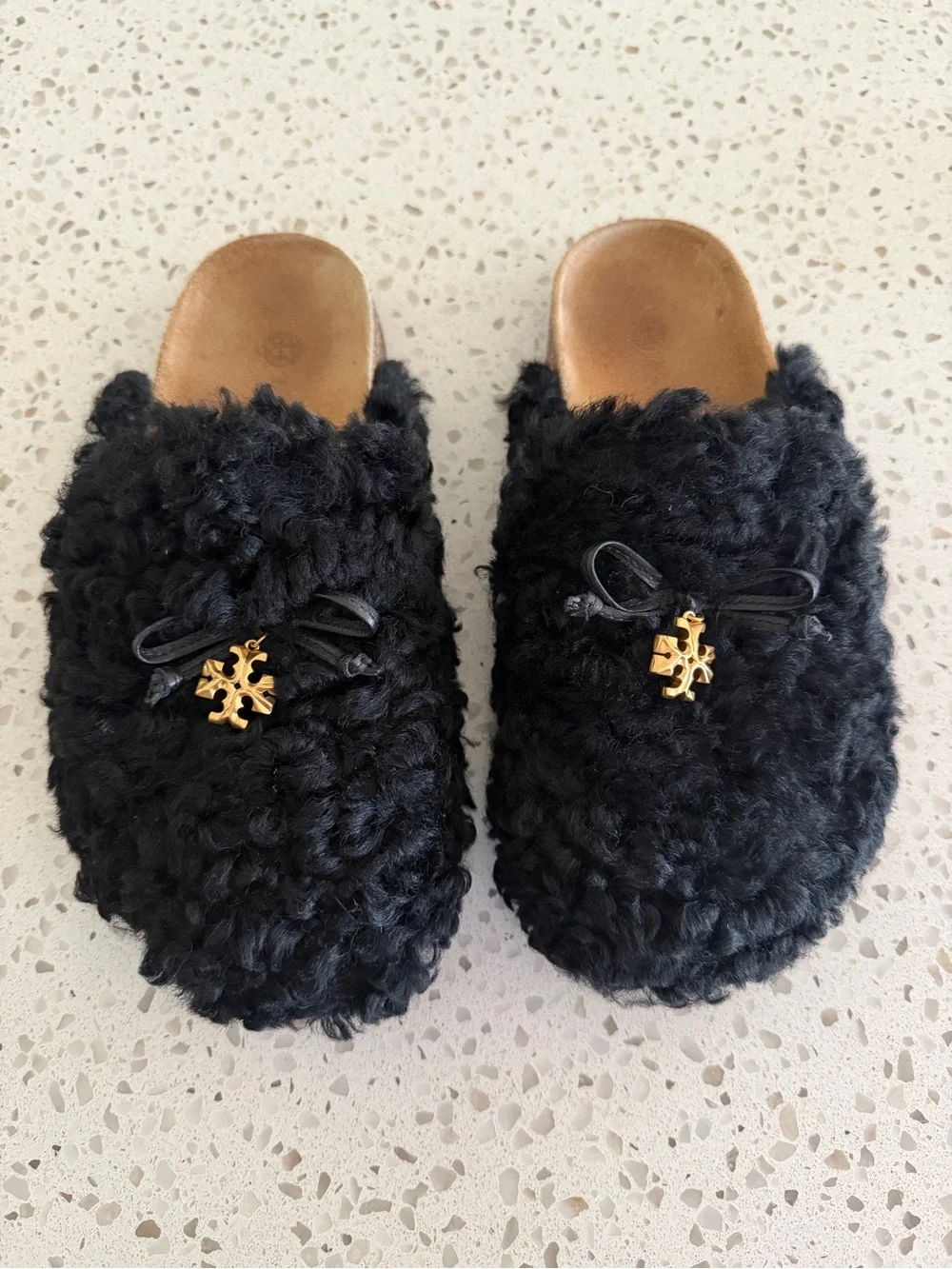 Tory Burch Women’s Black Faux-Shearling Slip-On Mules with Gold Logo